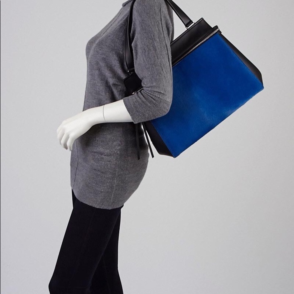 CELINE RARE NWT Medium Edge Satchel Blue Ponyhair & Black Leather - Picture 3 of 13